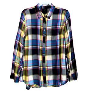 Talbots Women's Button Up Shirt Medium Plaid Pink Blue Yellow Rayon Lightweight